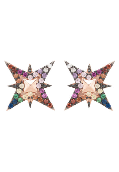 Stud earrings - North Star colorful - 22 carat gold plated - zircons